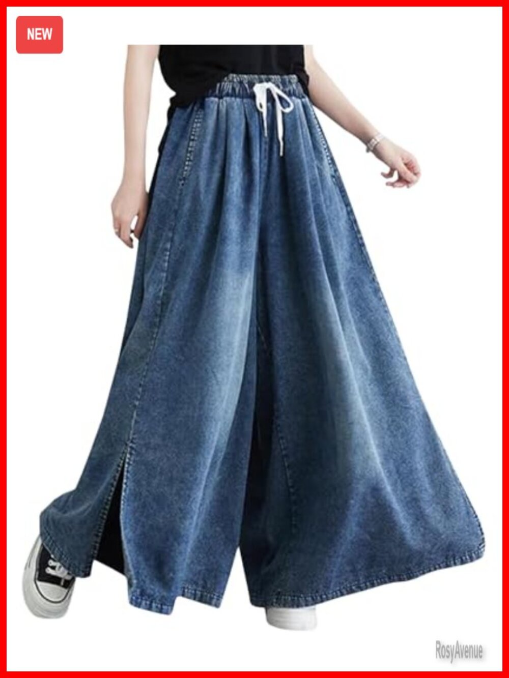Wide Leg Culotte Palazzo Jeans Drawstring Elastic Waist Baggy Loose Plus Size